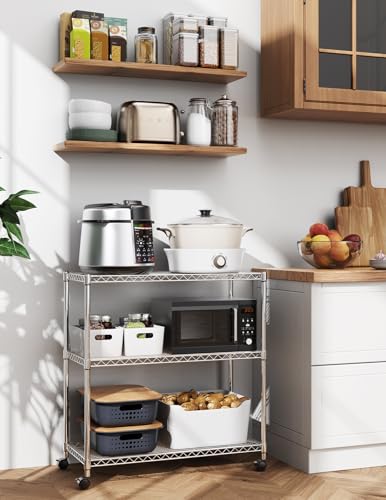 3-Tier Heavy Duty Foldable Metal Rack Storage Shelving Unit with Wheels Moving Easily Organizer Shelves Great for Garage Kitchen Holds up to 750 lbs Capacity, Black