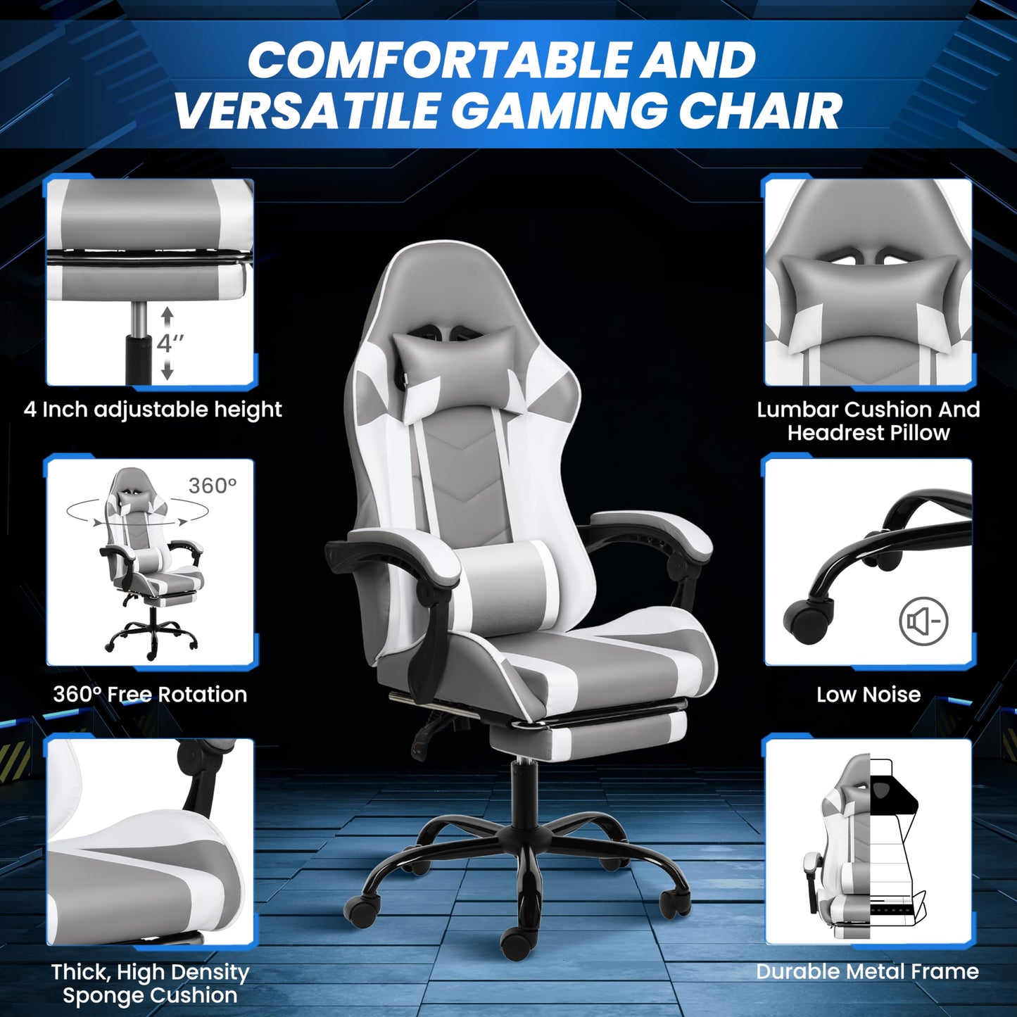 HealSmart Gaming Chair, Backrest and Seat Height Adjustable Swivel Recliner Racing Office Ergonomic Video Game Chair with Footrest