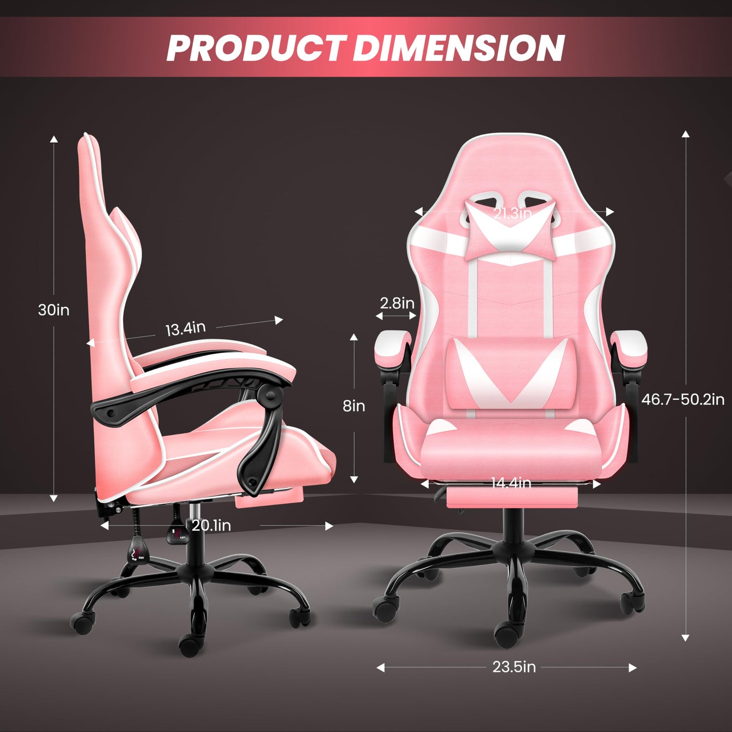 Gaming Chair with Footrest, Height Adjustable & 90°-135° Tilt Function, Swivel Recliner Ergonomic Racing Style Video Game Chair with Lumbar Support (1-Pink/White with Footrest)