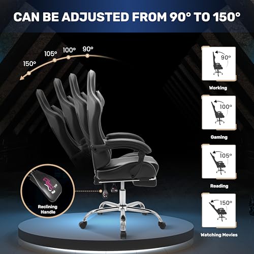 Simple Deluxe Video Gaming Chair with Footrest and Lumbar Support, Ergonomic PU Leather Computer Chair, 360° Swivel - Height Adjustable Game Chair for Office/Gaming(Black/Grey)