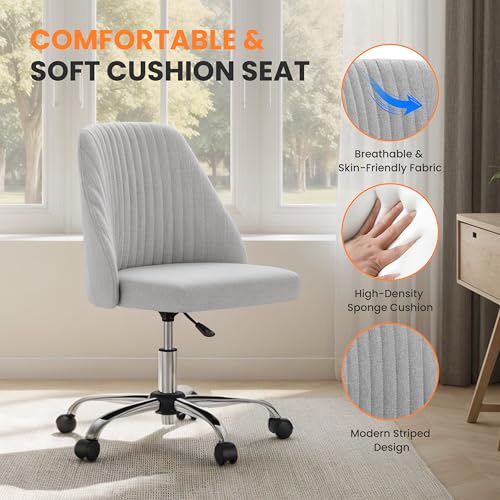 YSSOA Vanity Chair with Wheels Office Chair Desk Chair with Back and Wheels Fabric Adjustable Height Armless with Swivel Rolling Dark Grey