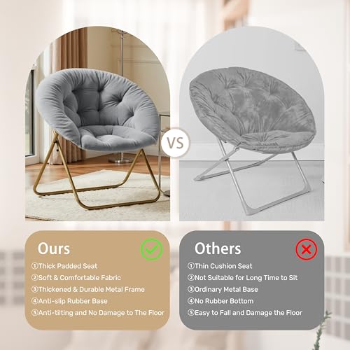 Saucer Chair Comfy Faux Fur, Folding Moon Chair with Metal Frame, Cozy Round Chair, Lounge Lazy Chair for Living Room Bedroom Adults Kids Teens