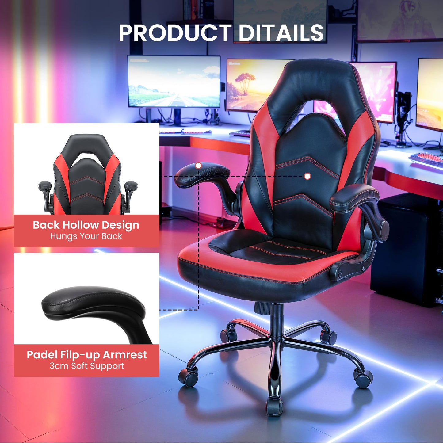 YSSOA Computer Gaming Chair PU Leather Ergonomic Lumbar Support with Flip-up Armrest and 360° Swivel Wheels, Height Adjustable Task Home Office Desk Video Racing, Red