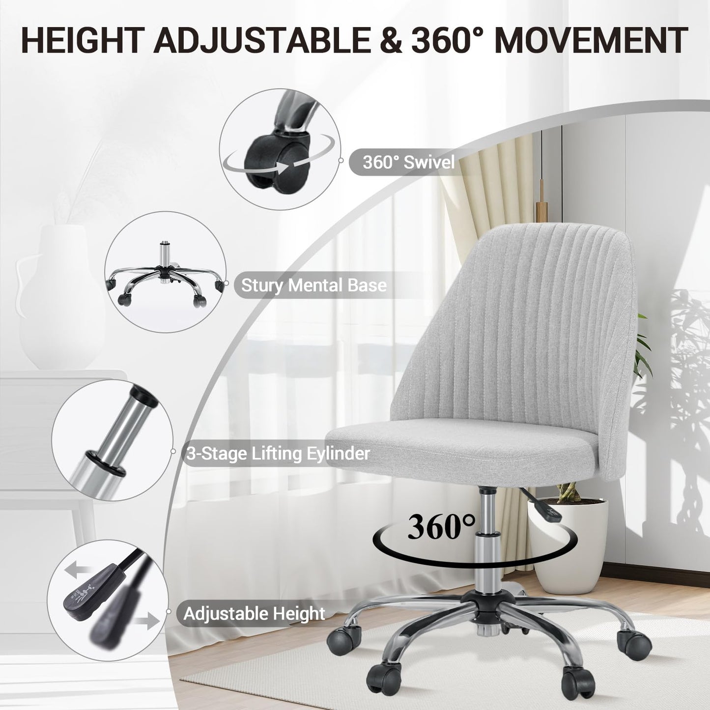 Simple Deluxe Office Desk Chair with Back and Wheels Computer Fabric Chair Armless Adjustable Height Comfy Vanity Chair with Swivel Rolling Home Chairs for Bedroom Adult