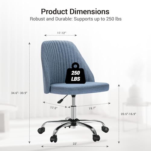 YSSOA Office Desk Chair with Back and Wheels Computer Fabric Chair Armless Adjustable Height Comfy Vanity Chair with Swivel Rolling Home Chairs