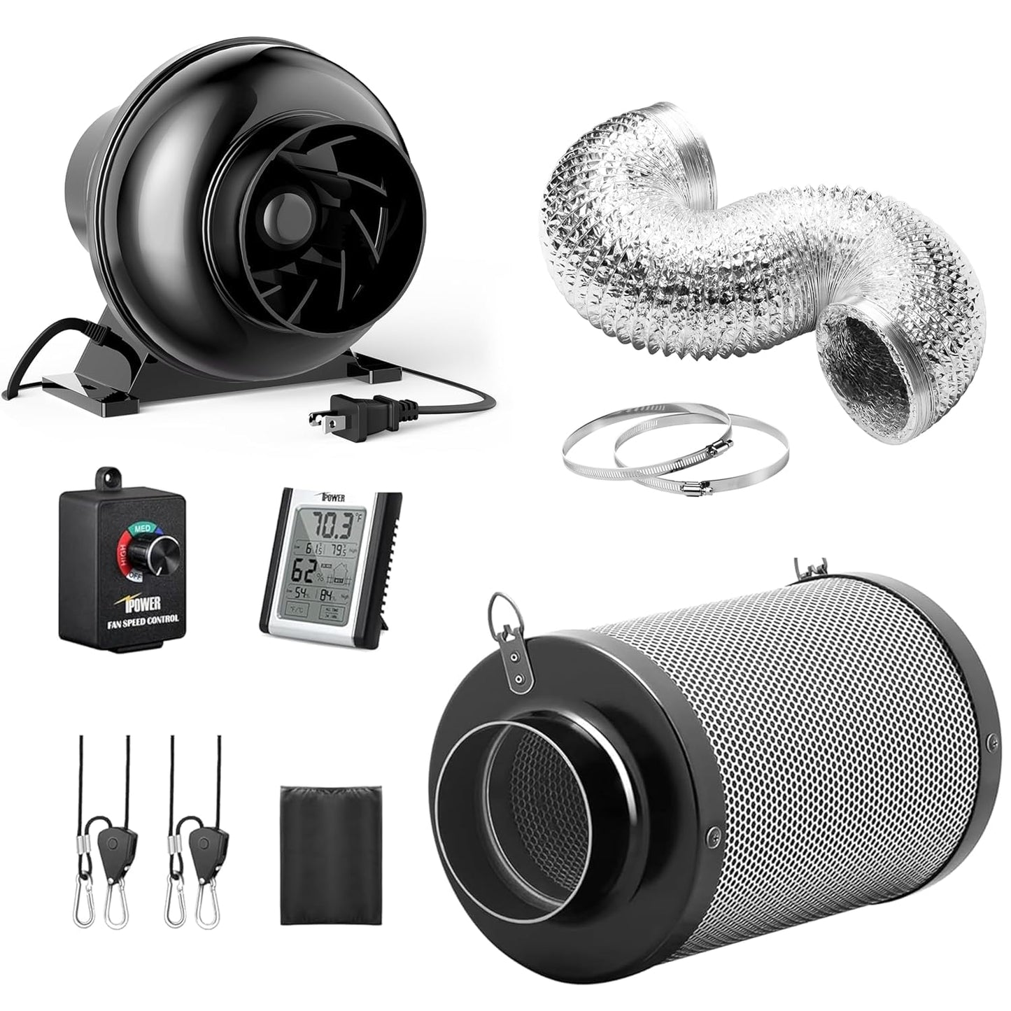 iPower 195 CFM Inline Fan, Upgrade Air Carbon Filter, 8 Feet Ducting Speed Controller Rope Hanger and Temperature Humidity Monitor Kits