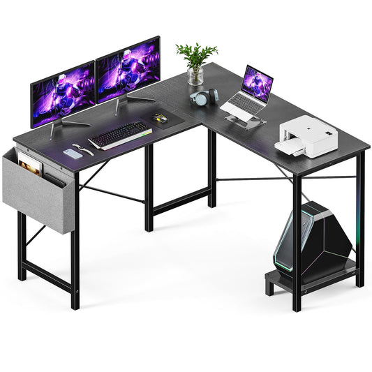 YSSOA L Shaped Desk Gaming Computer 50 Inch Reversible Corner Table, PC Work Table for Writing Study Student with Wood Tabletop Metal Frame CPU Stand Side Bag for Home Office Small Place