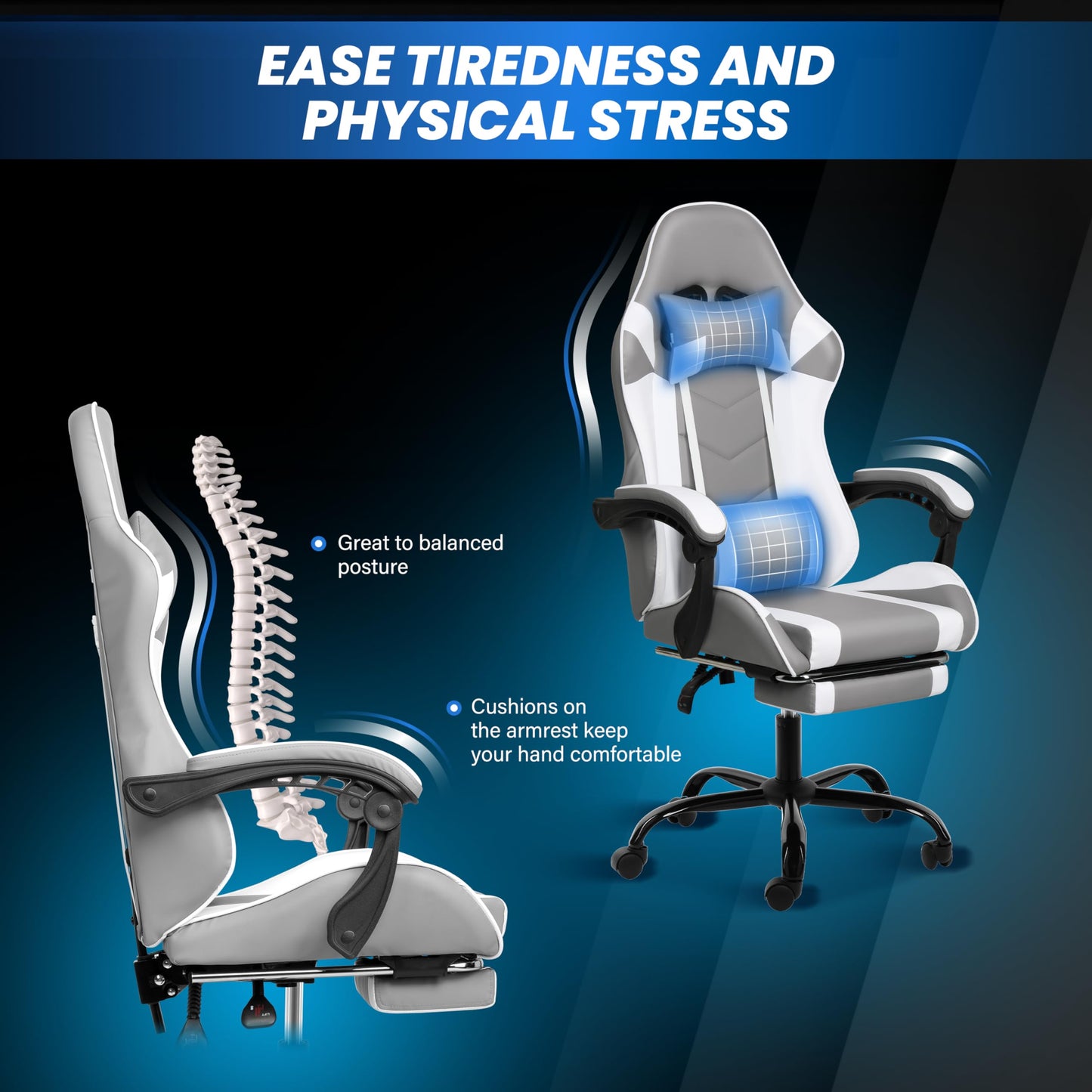 HealSmart Gaming Chair, Backrest and Seat Height Adjustable Swivel Recliner Racing Office Ergonomic Video Game Chair with Footrest