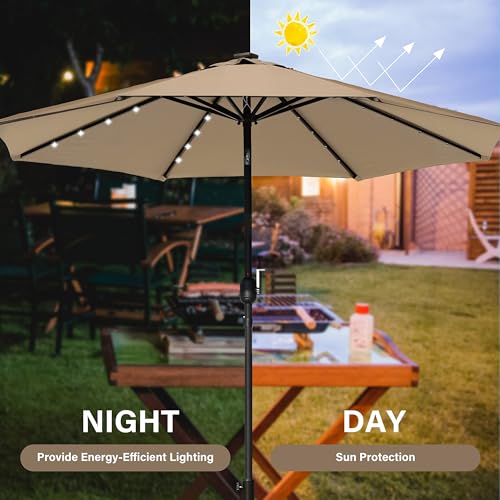 Simple Deluxe 9' Solar Umbrella 32 LED Lighted Patio Umbrella Table Market Umbrella for Garden, Deck, Backyard and Pool