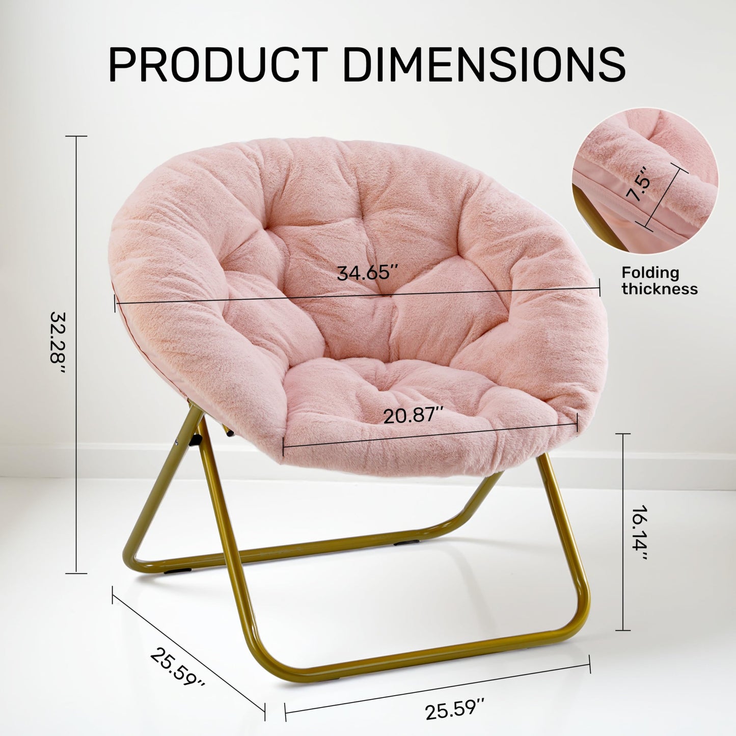 YSSOA Saucer Chair, Comfy Faux Fur Chair for Bedroom, Saucer Chairs for Adults, Teens, Round Shaped Moon Chair with Foldable Metal Frame