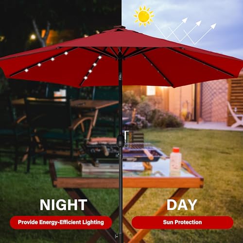 Simple Deluxe 9' Solar Umbrella 32 LED Lighted Patio Umbrella Table Market Umbrella for Garden, Deck, Backyard and Pool