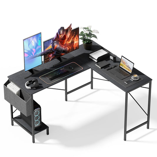 L Shaped Desk Gaming Computer 50 Inch Reversible Corner Table PC Work Table for Writing Study Student with Wood Tabletop Metal Frame CPU Stand Side Bag for Home Office Small Place