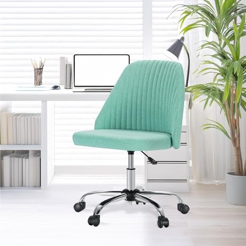 YSSOA Office Desk Chair with Back and Wheels Computer Fabric Chair Armless Adjustable Height Comfy Vanity Chair with Swivel Rolling Home Chairs for Bedroom Adult Green