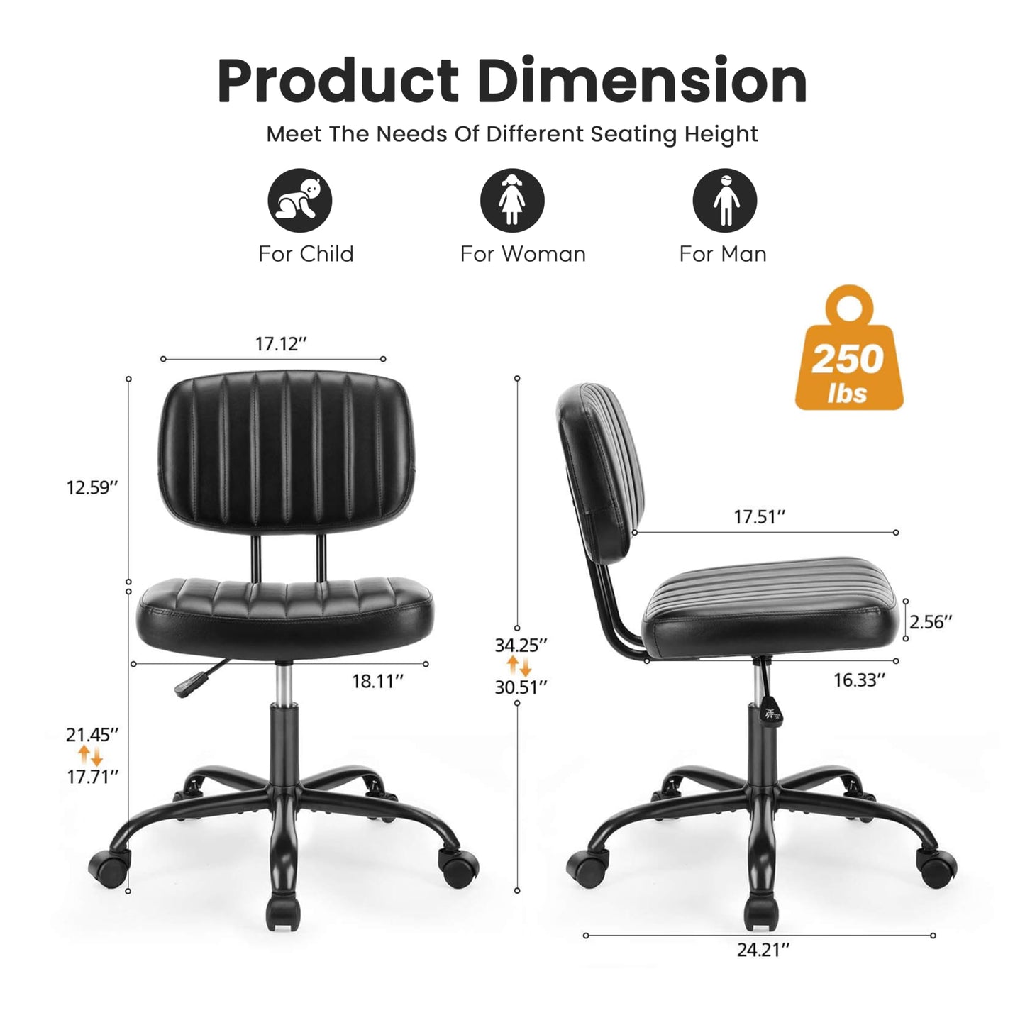 YSSOA Small Desk Chair with Wheels, Armless Office Chair No Arms, Comfy PU Leather Computer Task Chair Swivel Rolling Chairs for Small Space, Home, Adults, Students, Black