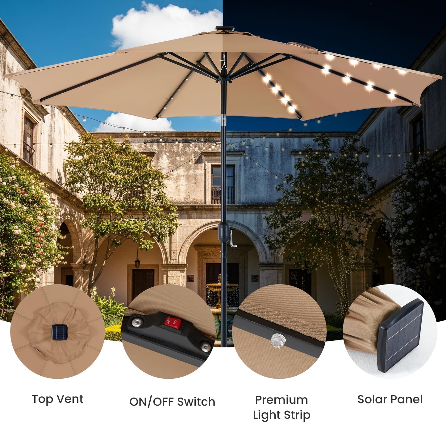 Simple Deluxe 10' Solar Patio Umbrella 32 LED Lighted Table Market Umbrellas with Push Button Tilt/Crank Outdoor Umbrella for Garden, Deck, Backyard and Pool