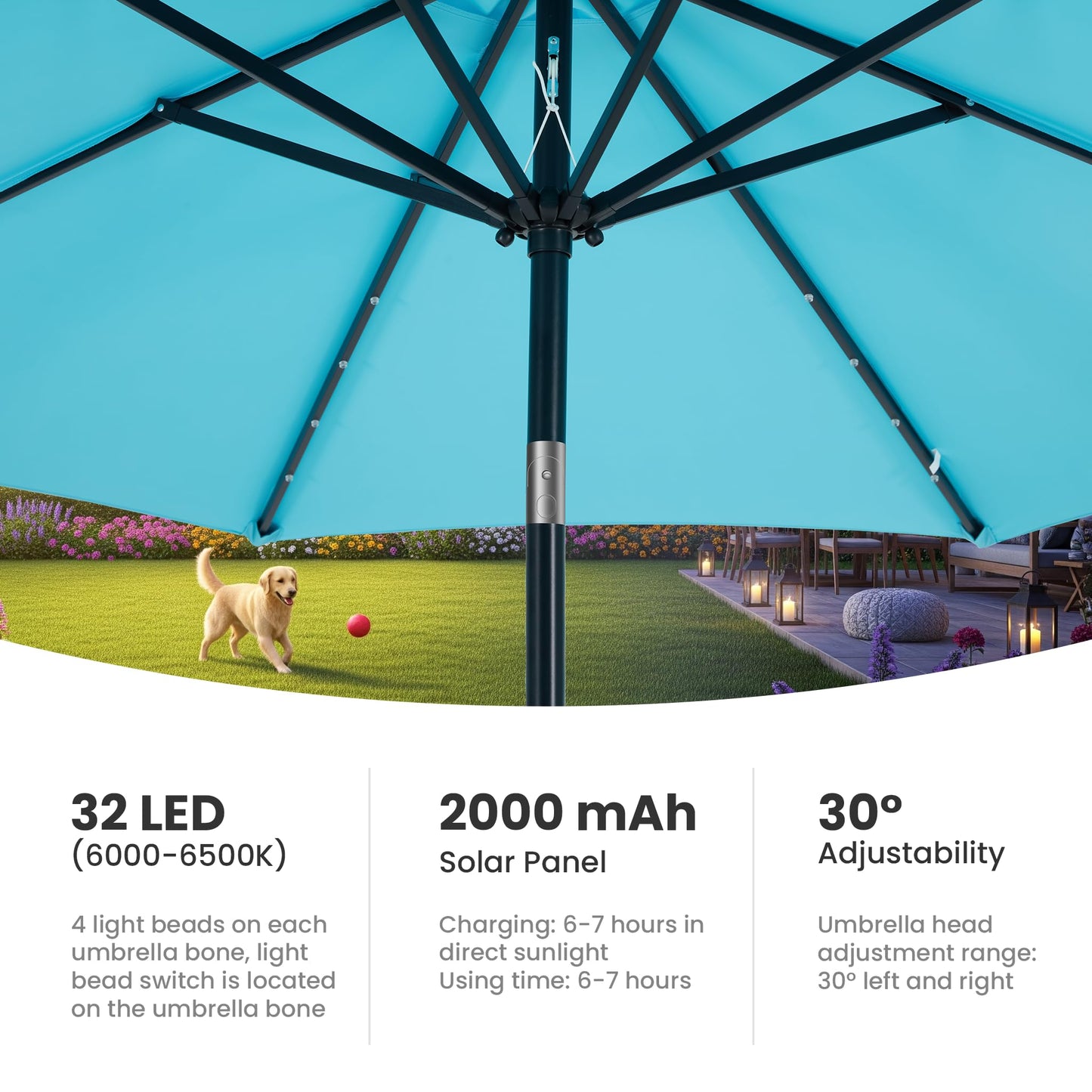 Simple Deluxe 10' Solar Patio Umbrella 32 LED Lighted Table Market Umbrellas with Push Button Tilt/Crank Outdoor Umbrella for Garden, Deck, Backyard and Pool