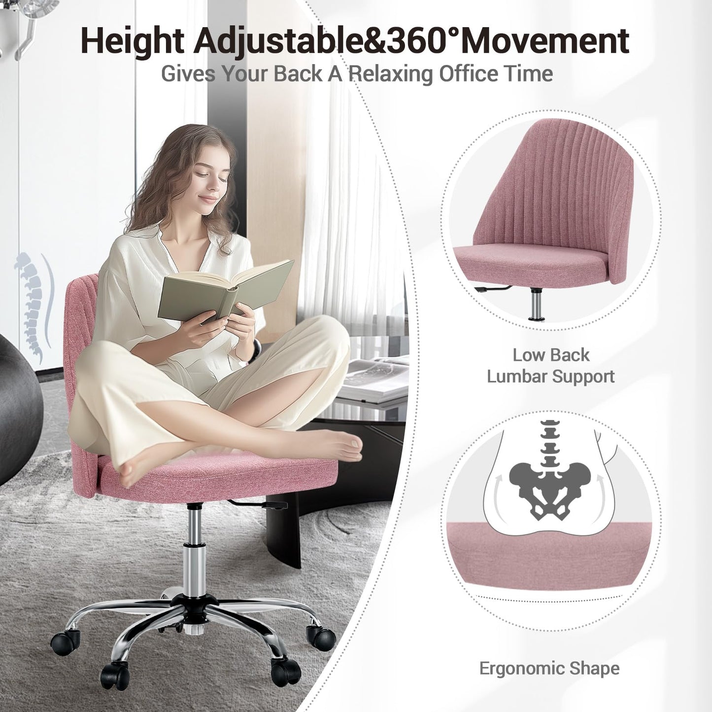 YSSOA Office Desk Chair with Back and Wheels Computer Fabric Chair Armless Adjustable Height Comfy Vanity Chair with Swivel Rolling Home Chairs