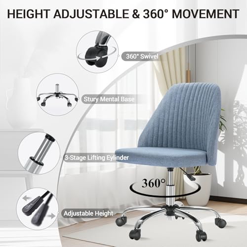 YSSOA Office Desk Chair with Back and Wheels Computer Fabric Chair Armless Adjustable Height Comfy Vanity Chair with Swivel Rolling Home Chairs