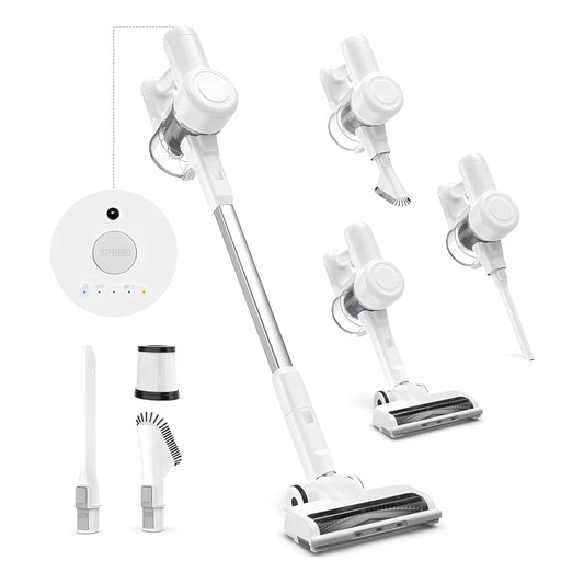 Simple Deluxe Cordless Vacuum Lightweight Cleaner, Stick Vac with LED, 45 Mins Runtime, Electric Rechargeable Powerful Suction for Pet Hair, Hard Floor, Tile, White