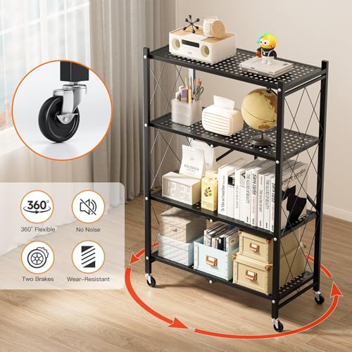 3-Tier Heavy Duty Foldable Metal Rack Storage Shelving Unit with Wheels Moving Easily Organizer Shelves Great for Garage Kitchen Holds up to 750 lbs Capacity, Black