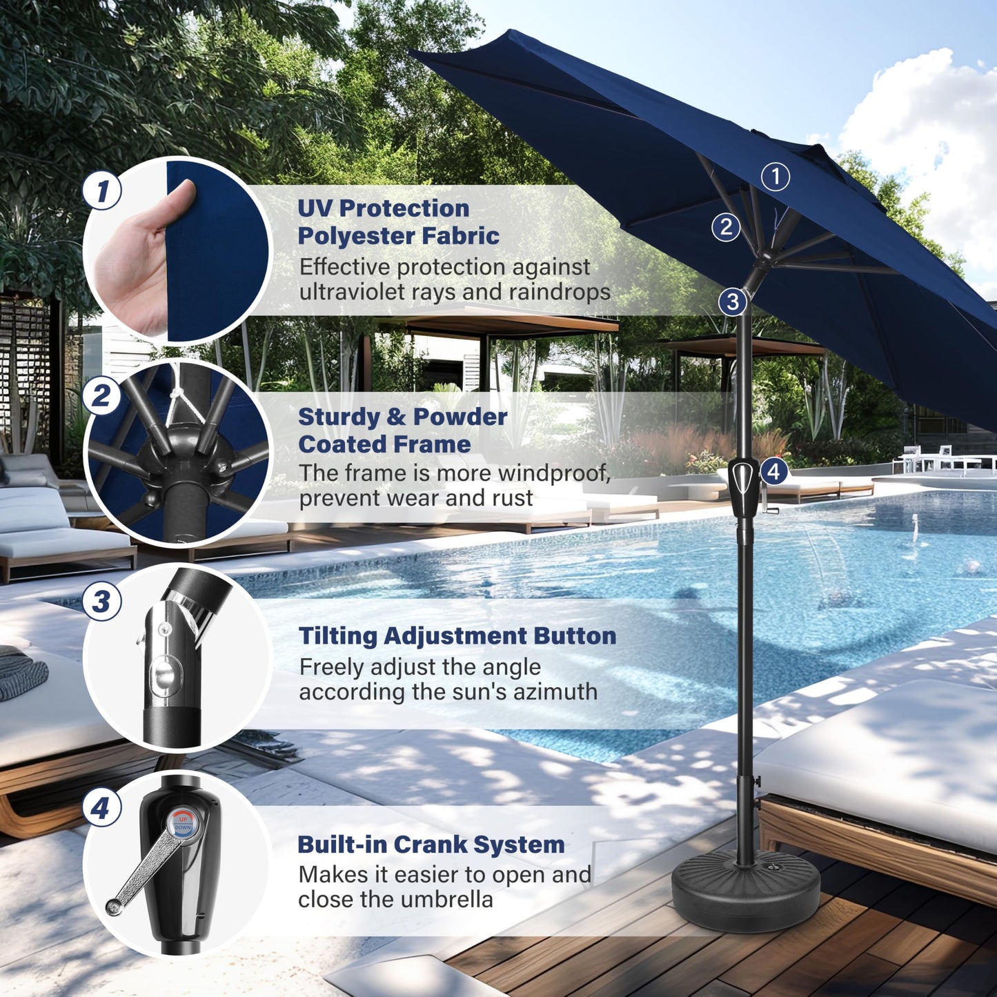 HealSmart 7.5ft Patio Umbrella with Push Button Tilt/Crank, Outdoor Table Market Yard Umbrella, 6 Sturdy Ribs for Garden, Deck, Backyard, Pool