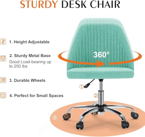 Simple Deluxe Armless Office Desk Chair, Modern Cute Swivel Vanity Chair Comfy Home Office Chairs with Wheels Height Adjustable Rolling Computer Task Stools for Living Room, Make-up, Bedroom