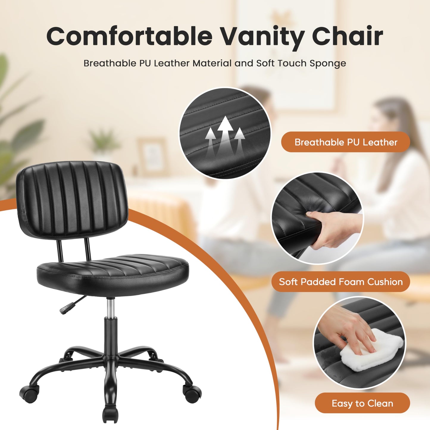 YSSOA Small Desk Chair with Wheels, Armless Office Chair No Arms, Comfy PU Leather Computer Task Chair Swivel Rolling Chairs for Small Space, Home, Adults, Students, Black