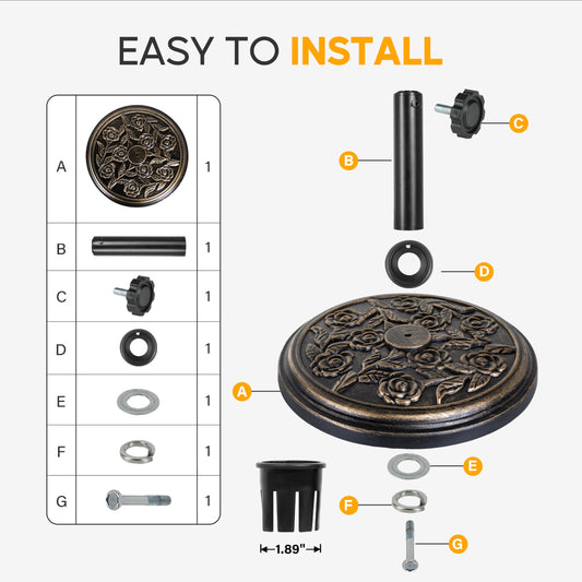HealSmart Heavy Duty Round Stand Market Umbrella Base Holder for Patio, Outdoor, Deck, Lawn, Garden, Poolside, Bronze