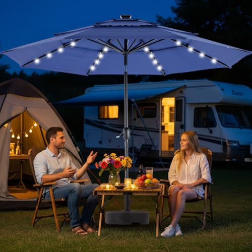 Simple Deluxe 10' 3-Tiers Solar Patio Umbrella 32 LED Lighted Table Market Umbrellas with Push Button Tilt/Crank Outdoor Umbrella for Garden, Deck, Backyard and Pool
