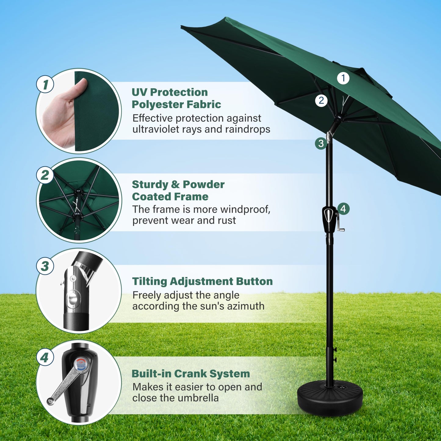 HealSmart 7.5ft Patio Umbrella with Push Button Tilt/Crank, Outdoor Table Market Yard Umbrella, 6 Sturdy Ribs for Garden, Deck, Backyard, Pool