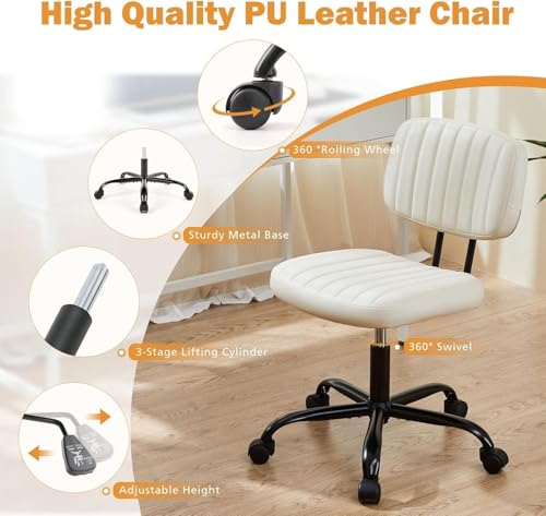Small Office Chair, Armless Desk Chair with Wheels, Height Adjustable PU Leather Computer Task with Lumbar Support, 360° Swivel Rolling Chair No Arms for Small Space, Bedroom, Home, Office