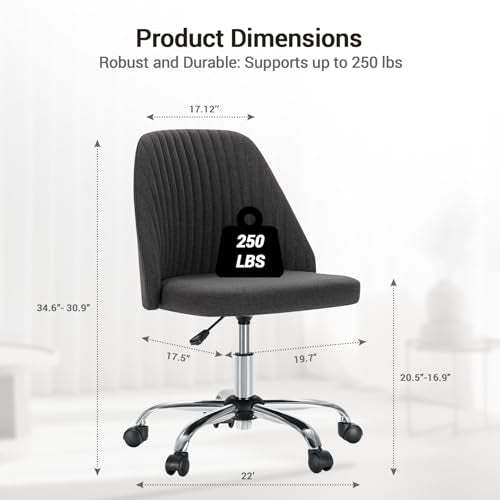 YSSOA Office Desk Chair with Back and Wheels Computer Fabric Chair Armless Adjustable Height Comfy Vanity Chair with Swivel Rolling Home Chairs for Bedroom Adult Dark Grey