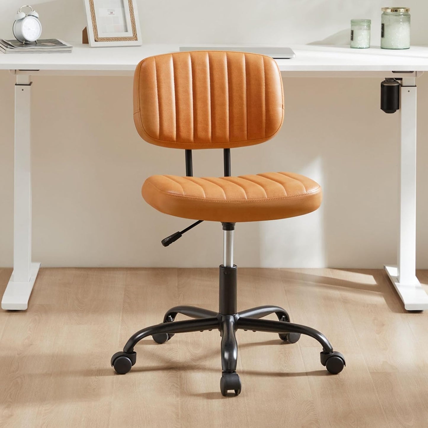 YSSOA Small Desk Chair with Wheels, Armless Office Chair No Arms, Comfy PU Leather Computer Task Chair Swivel Rolling Chairs for Small Space, Home, Adults, Students, Black
