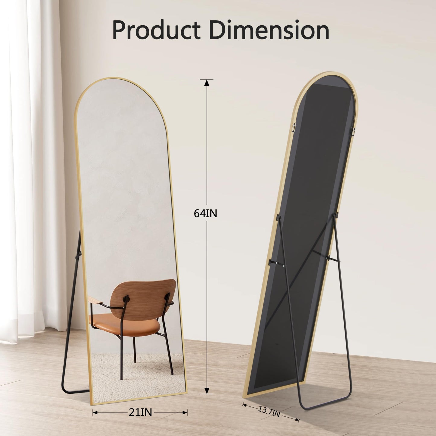 Simple Deluxe 64"×21" Large Arched Body Length Mirror, Full Length Mirror for Home Wall Decor, Floor with Stand for Bedroom Decor, Gold