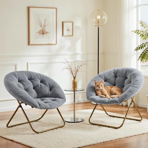 Saucer Chair Comfy Faux Fur, Folding Moon Chair with Metal Frame, Cozy Round Chair, Lounge Lazy Chair for Living Room Bedroom Adults Kids Teens