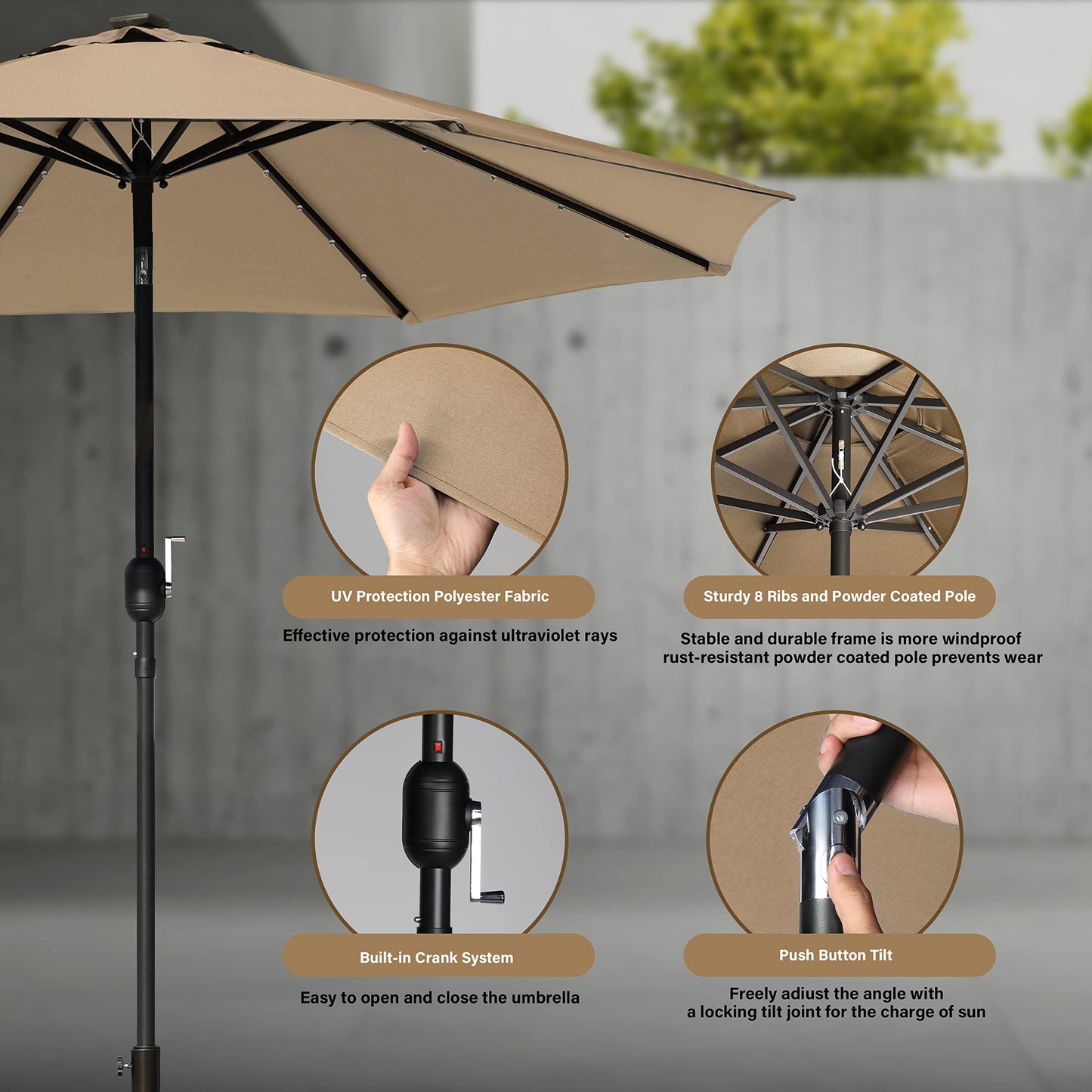 Simple Deluxe 9' Solar Umbrella 32 LED Lighted Patio Umbrella Table Market Umbrella for Garden, Deck, Backyard and Pool
