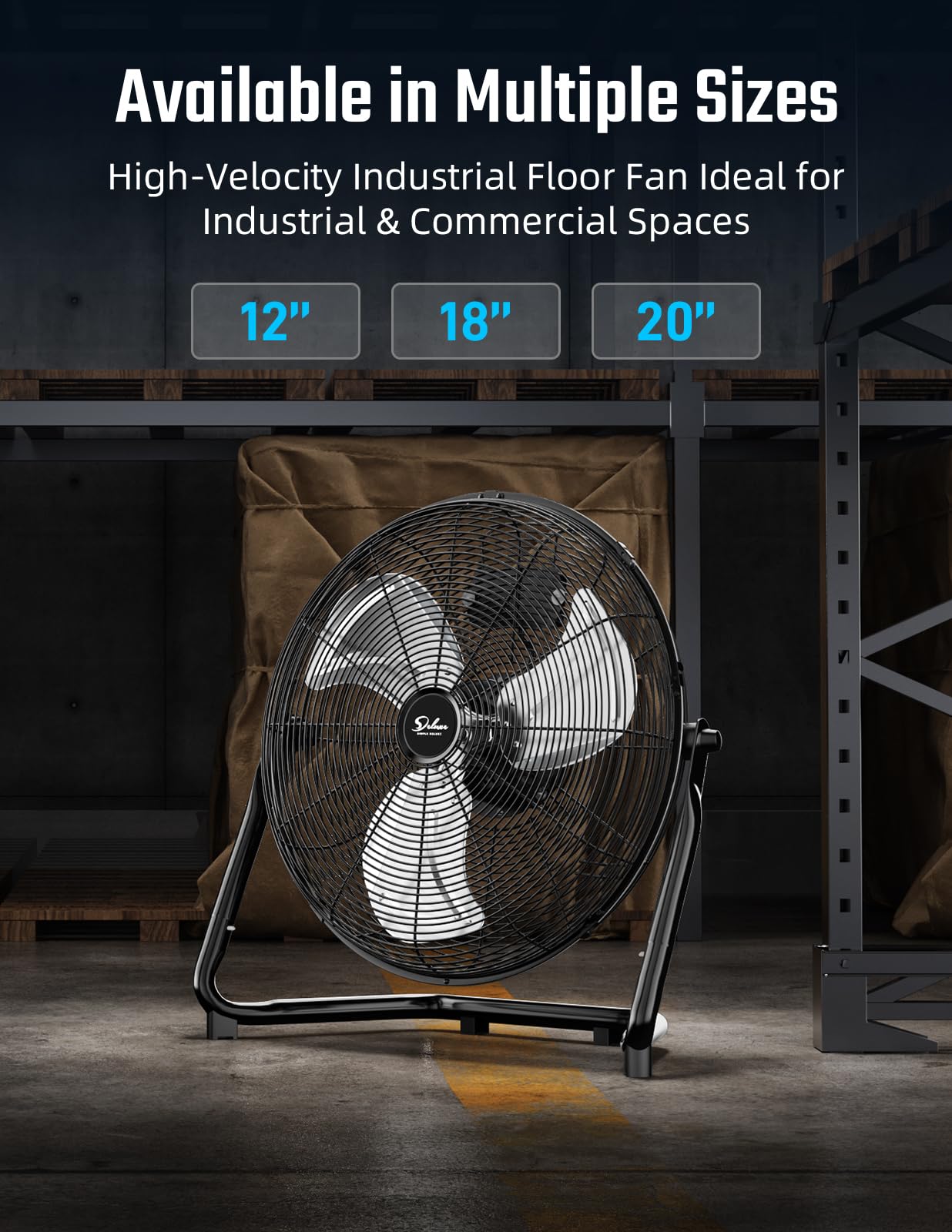 Simple Deluxe 20 Inch 3-Speed High Velocity Heavy Duty Metal Industrial Floor Fan for Warehouse, Workshop, Factory and Basement, Black, 1 Pack