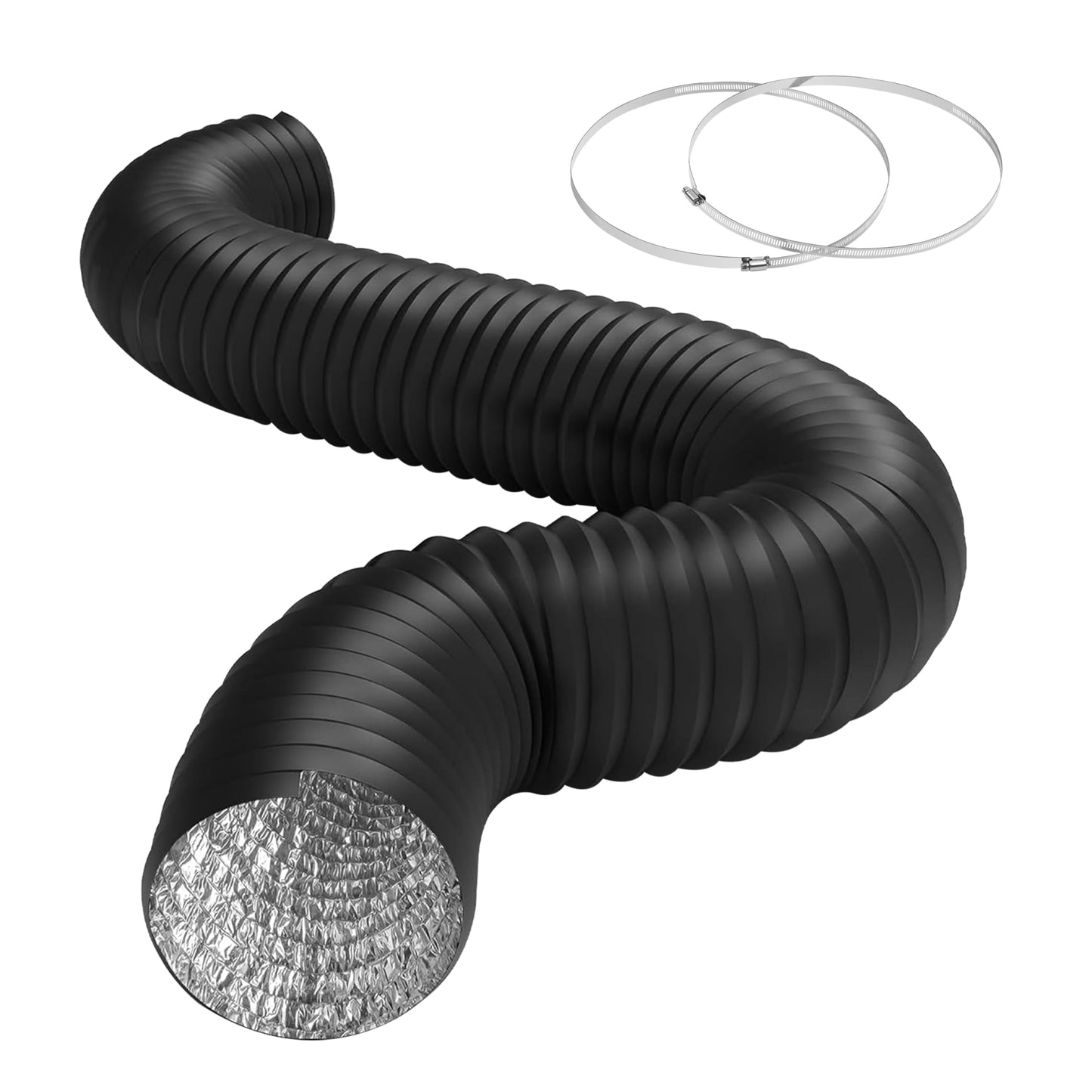 iPower Flexible 6 Inch 8 Feet Aluminum Ducting 4 Layer Protection Dryer Vent Hose for HVAC Heating Cooling Exhaust and Ventilation, 2 Clamps Included, Black