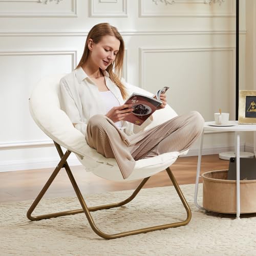 Simple Deluxe Cozy Chair, Faux Fur Saucer Chair for Bedroom, Comfy Foldable Moon Chair, Round Fluffy Chair for Living Room, Fuzzy Saucer Chairs for Adults Room