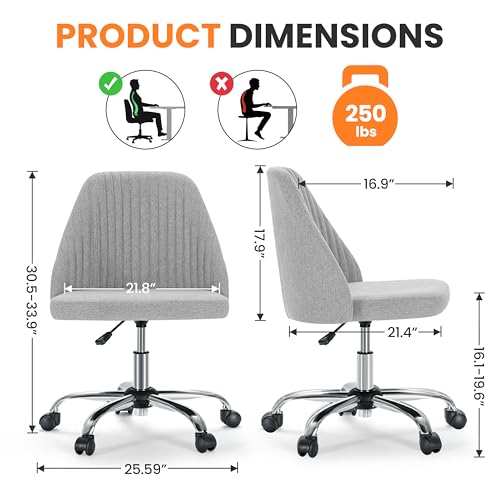YSSOA Vanity Chair with Wheels Office Chair Desk Chair with Back and Wheels Fabric Adjustable Height Armless with Swivel Rolling Dark Grey
