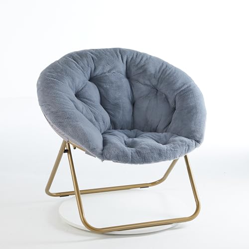 Simple Deluxe Cozy Chair, Faux Fur Saucer Chair for Bedroom, Comfy Foldable Moon Chair, Round Fluffy Chair for Living Room, Fuzzy Saucer Chairs for Adults Room, Gray