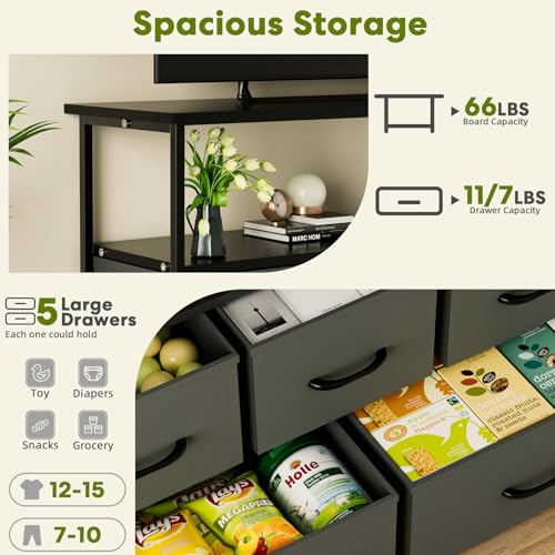 Simple Deluxe TV Stand Dresser for Bedroom Entertainment Center with 5 Fabric Drawers, Storage Organizers Units for Living Room, Media Console Table with Open Shelf up for 45" TV, Wood top