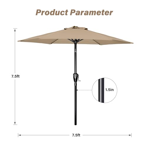 HealSmart 7.5ft Patio Umbrella with Push Button Tilt/Crank, Outdoor Table Market Yard Umbrella, 6 Sturdy Ribs for Garden, Deck, Backyard, Pool