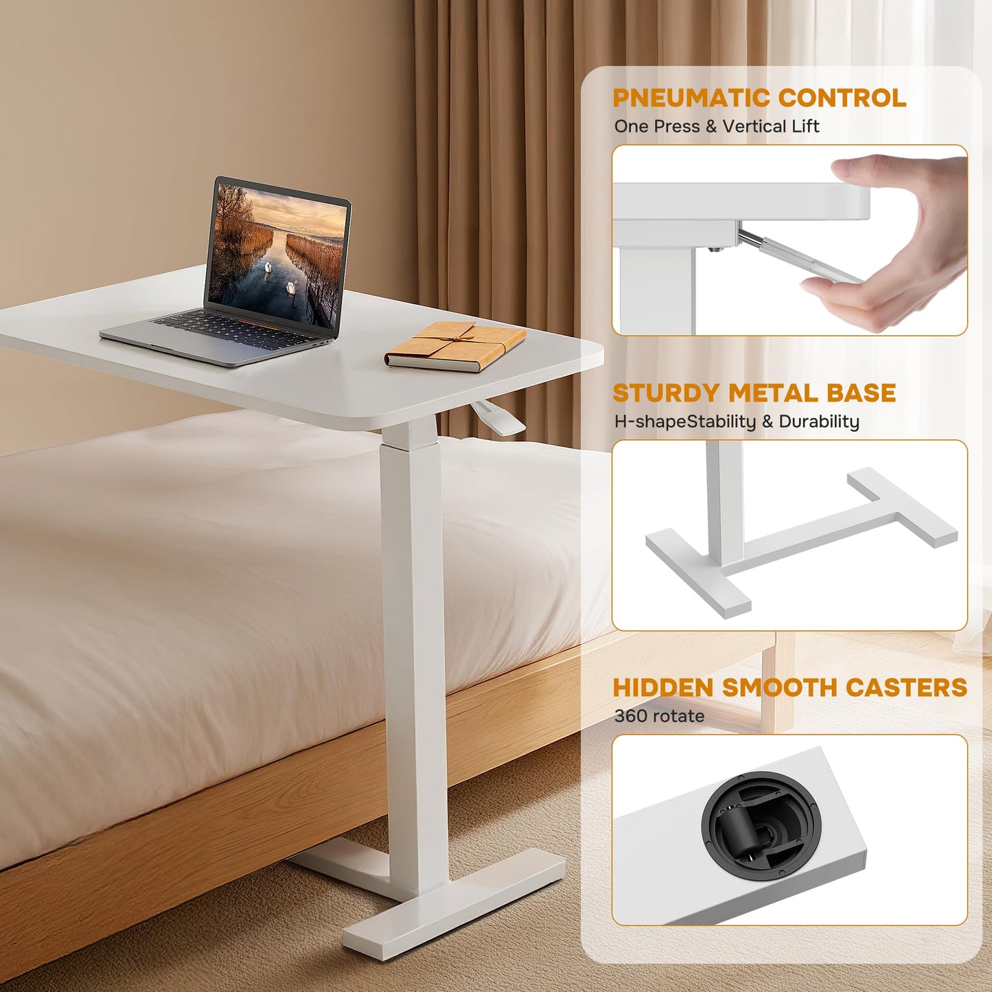 Overbed Bedside Table with Hidden Casters, Adjustable Hospital & Home Use Bed Table, Rolling Laptop Table, Movable Standing Desk