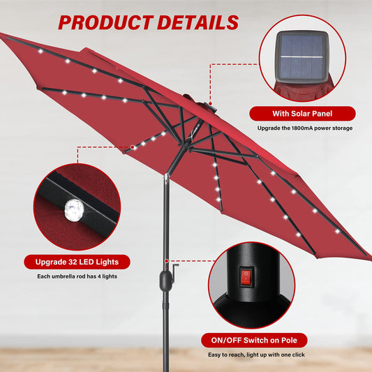 Simple Deluxe 9' Solar Umbrella 32 LED Lighted Patio Umbrella Table Market Umbrella for Garden, Deck, Backyard and Pool