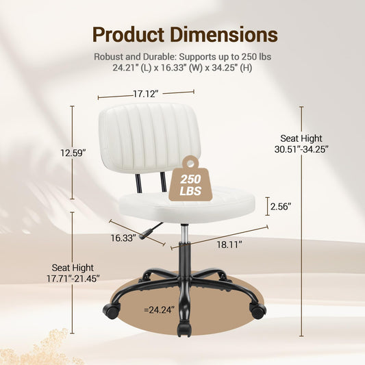 YSSOA Home Office Chair Desk Chair with Low Back and Wheels PU Leather Computer Chair Ergonomic Adjustable Height Comfy Chair Armless with Swivel Rolling Vanity Chairs for Bedroom Adult White