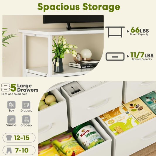 Simple Deluxe TV Stand Dresser for Bedroom Entertainment Center with 5 Fabric Drawers, Storage Organizers Units for Living Room, Media Console Table with Open Shelf up for 45" TV, Wood top