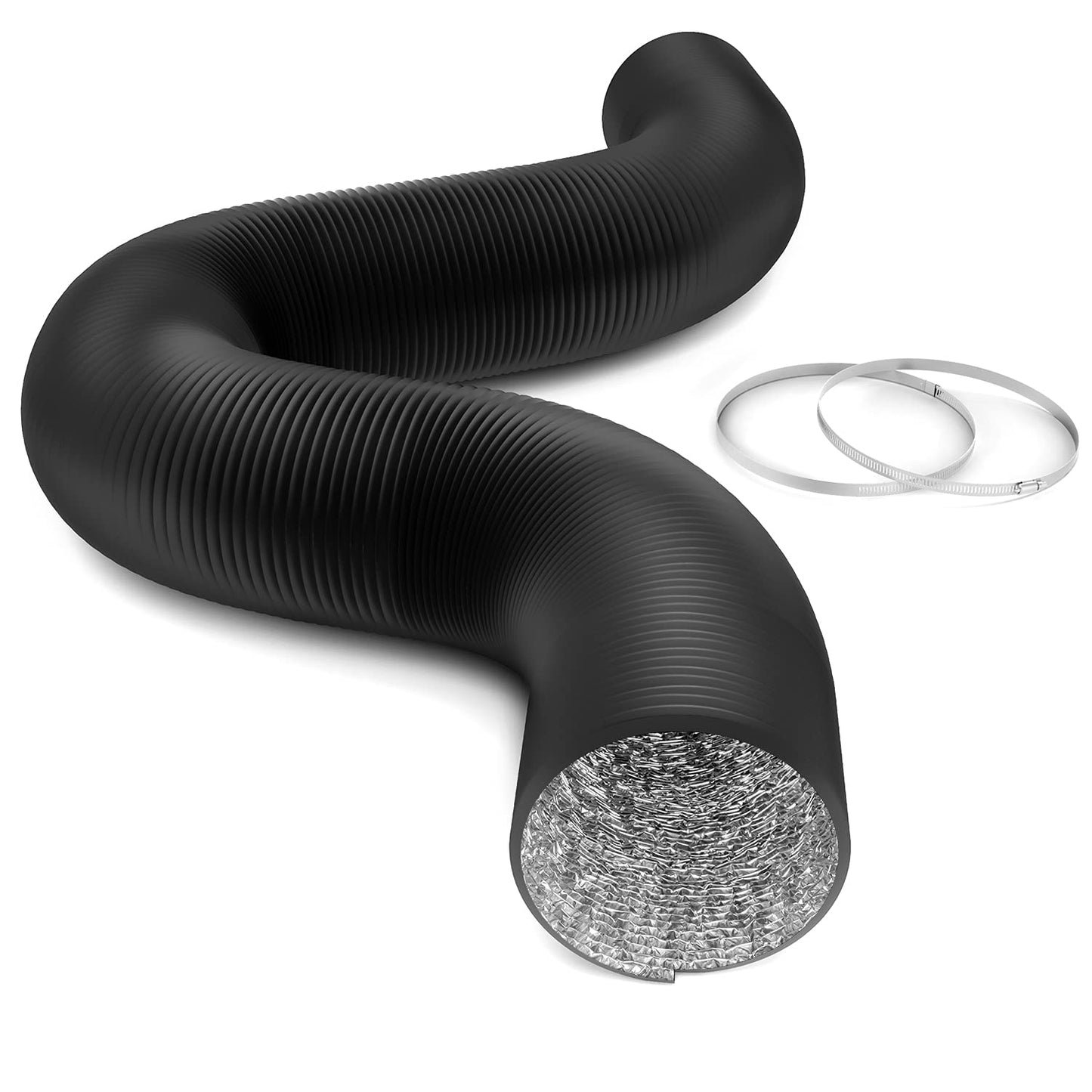 iPower Flexible 6 Inch 8 Feet Aluminum Ducting 4 Layer Protection Dryer Vent Hose for HVAC Heating Cooling Exhaust and Ventilation, 2 Clamps Included, Black