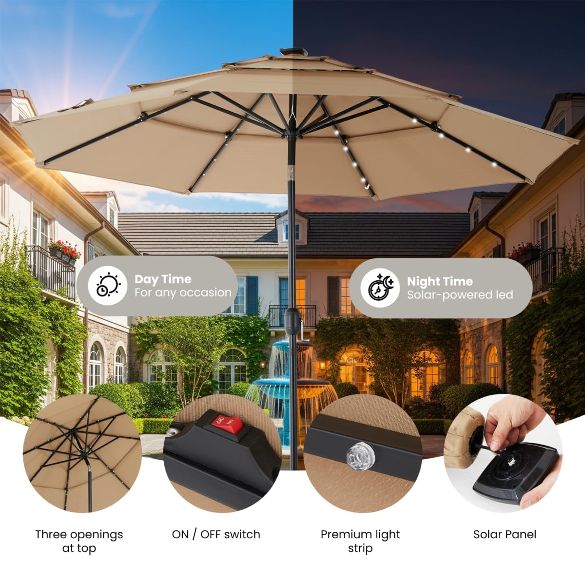 Simple Deluxe 10' 3-Tiers Solar Patio Umbrella 32 LED Lighted Table Market Umbrellas with Push Button Tilt/Crank Outdoor Umbrella for Garden, Deck, Backyard and Pool