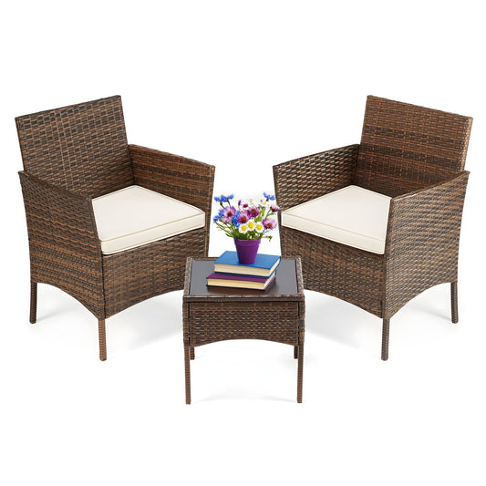 Simple Deluxe Patio Furniture Set 3 Pieces Outdoor Rattan Wicker Chairs with Soft Cushion and Glass Coffee Table